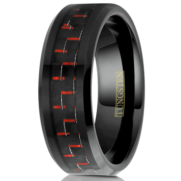 Black tungsten carbide flat band ring w/ beveled edges | Red &  Black Carbon Fiber | White upright photo