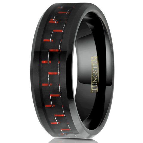 Black tungsten carbide flat band ring w/ beveled edges | Red &  Black Carbon Fiber | White upright photo