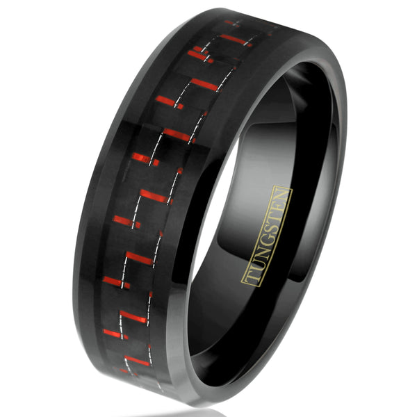 Black tungsten carbide flat band ring w/ beveled edges | Red &  Black Carbon Fiber | White tilted photo
