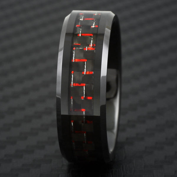 Black tungsten carbide flat band ring w/ beveled edges | Red &  Black Carbon Fiber | Black upright photo