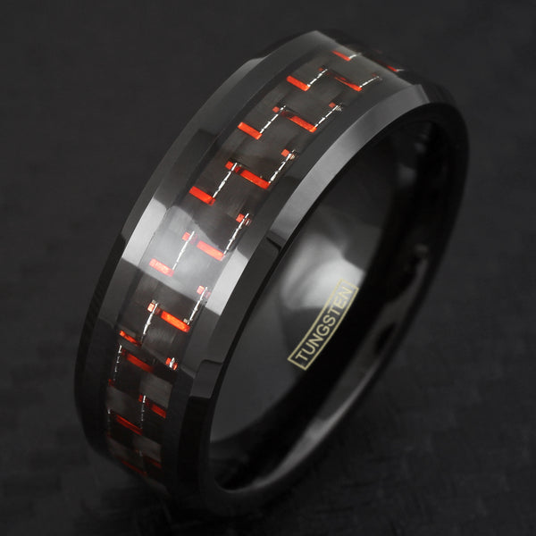 Black tungsten carbide flat band ring w/ beveled edges | Red &  Black Carbon Fiber | Black tilted photo