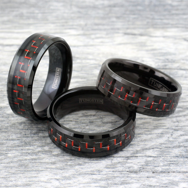 Black tungsten carbide flat band ring w/ beveled edges | Red &  Black Carbon Fiber | Group photo