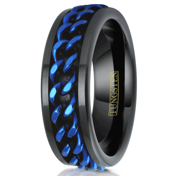 Black flat tungsten carbide band ring w/ royal blue Cuban link chain | White upright photo