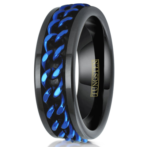 Black flat tungsten carbide band ring w/ royal blue Cuban link chain | White upright photo