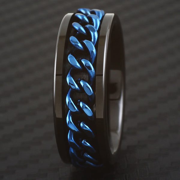 Black flat tungsten carbide band ring w/ royal blue Cuban link chain | Black photo