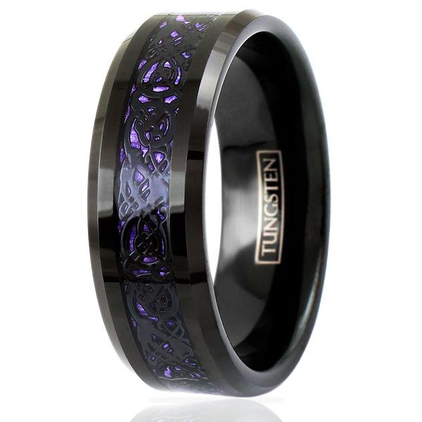 Stunning Black Tungsten Ring with Black Celtic Dragon on Violet Purple Faux Carbon Fiber Inlay.
