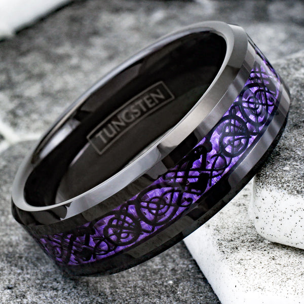 Stunning Black Tungsten Ring with Black Celtic Dragon on Violet Purple Faux Carbon Fiber Inlay.