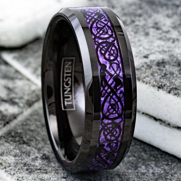 Stunning Black Tungsten Ring with Black Celtic Dragon on Violet Purple Faux Carbon Fiber Inlay.