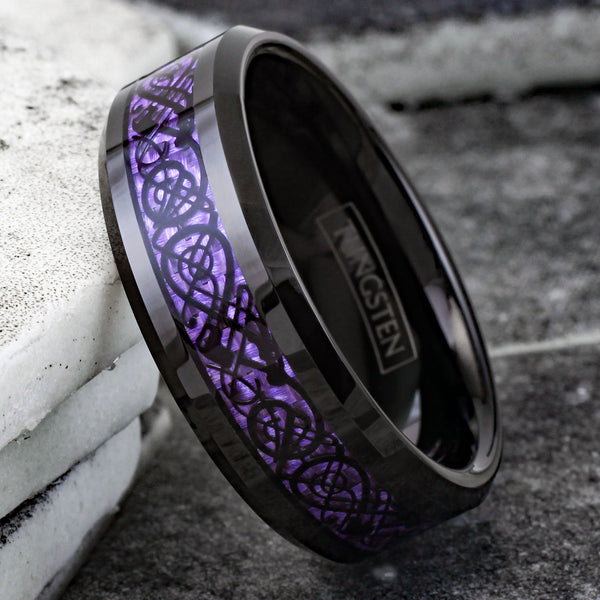 Stunning Black Tungsten Ring with Black Celtic Dragon on Violet Purple Faux Carbon Fiber Inlay.