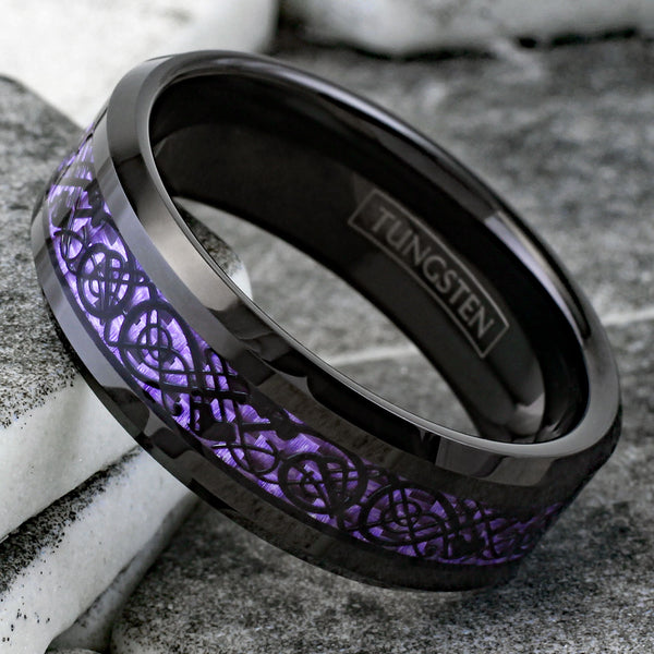 Stunning Black Tungsten Ring with Black Celtic Dragon on Violet Purple Faux Carbon Fiber Inlay.