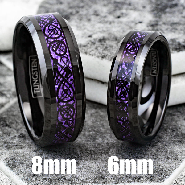 Stunning Black Tungsten Ring with Black Celtic Dragon on Violet Purple Faux Carbon Fiber Inlay.