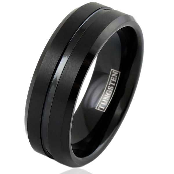 Black brushed finish tungsten carbide ring with polished center channel | 8mm White photo