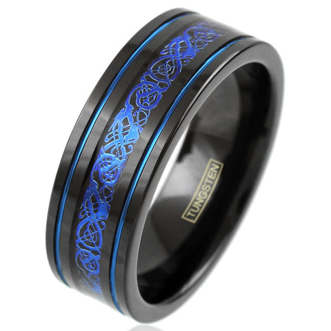 Black tungsten ring w. blue Celtic dragon between two blue stripes | Wholesale Tungsten Rings - Wedding Bands | Diagonal Photo