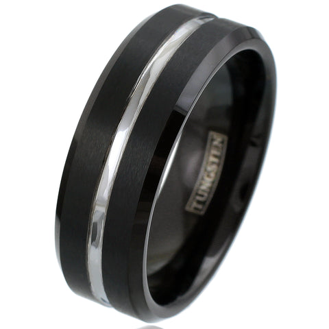 Brushed Finish Black Tungsten Carbide Ring w/ Recessed Silver Stripe | 8mm White photo