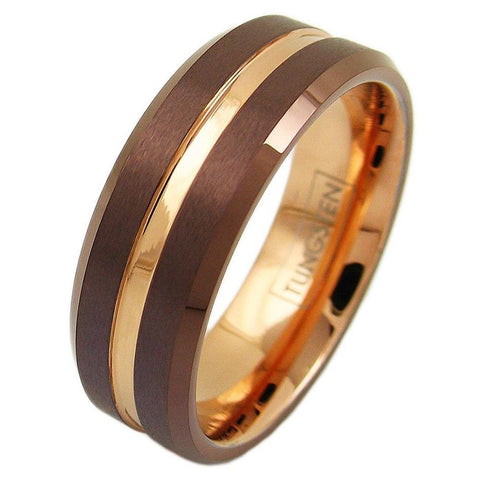 Gorgeous Unique Bronze Tungsten Ring with Rose Gold Stripe, Matching Rose Gold Inner Band, and Beveled Edges.