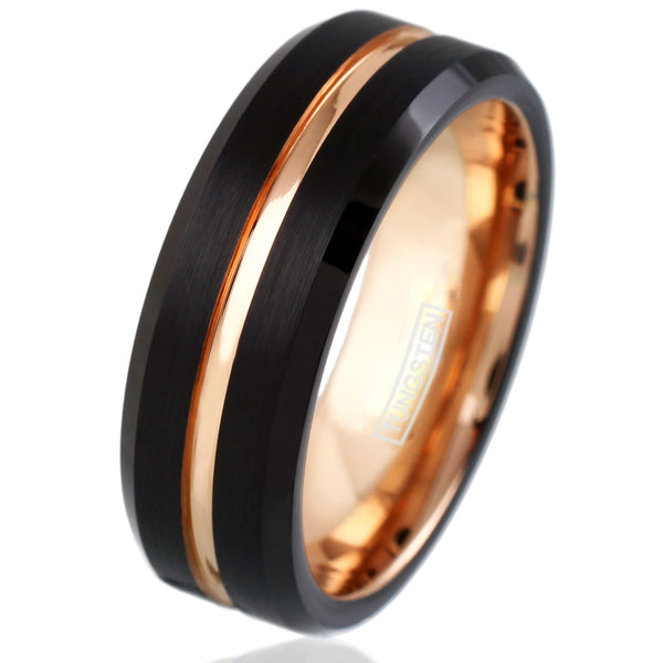 Black tungsten carbide ring w/ rose gold stripe inner band & beveled edges | 8mm white photo