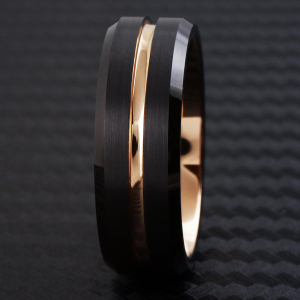 Black tungsten carbide ring w/ rose gold stripe inner band & beveled edges | 8mm black front photo