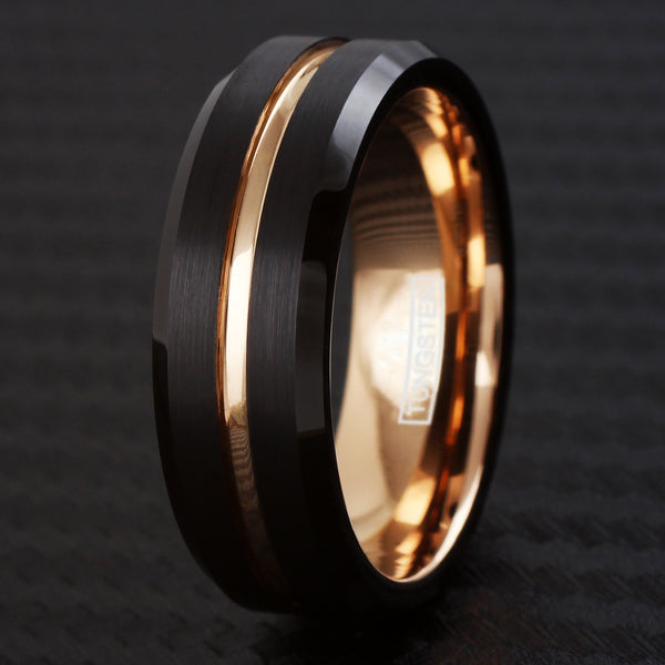 Black tungsten carbide ring w/ rose gold stripe inner band & beveled edges | 8mm black quarter photo
