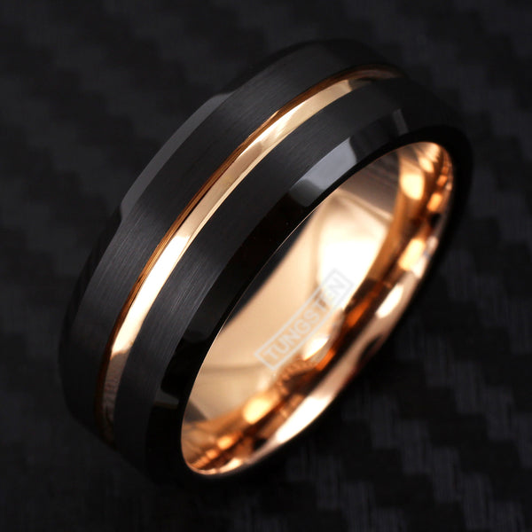 Black tungsten carbide ring w/ rose gold stripe inner band & beveled edges | 8mm black tilt photo