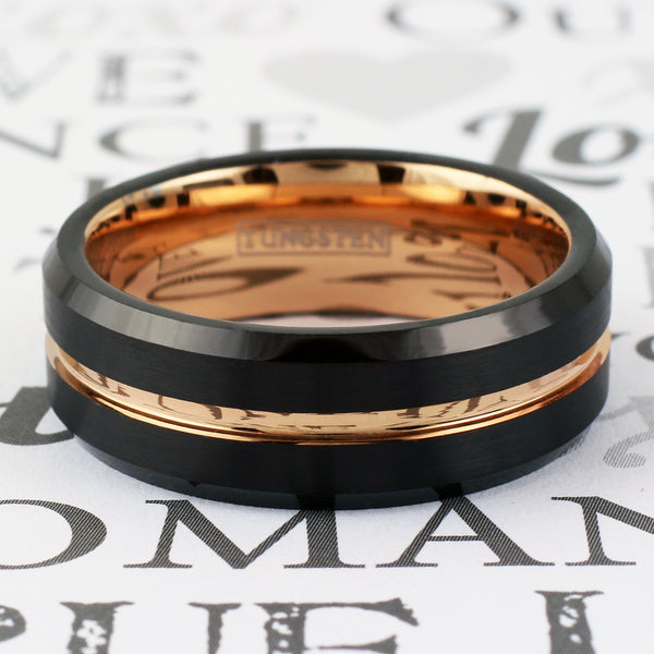 Black tungsten carbide ring w/ rose gold stripe inner band & beveled edges | 8mm card flat photo