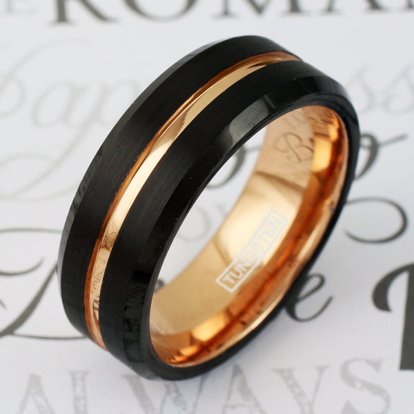 Black tungsten carbide ring w/ rose gold stripe inner band & beveled edges | 8mm card tilt photo