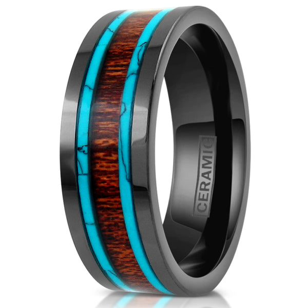ceramic flat band ring w/ koa wood between turquoise inlays | discount ceramic wedding bands | white upright photos