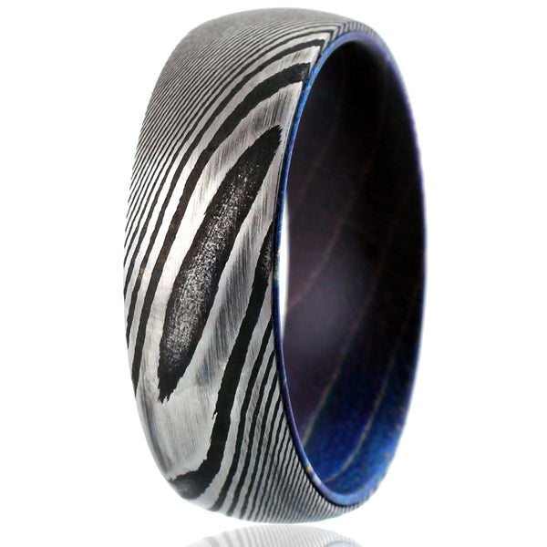 8mm Black Damascus steel ring - Box Elder Wood Inlay | Discount Damascus Steel wedding bands & Rings | White photo