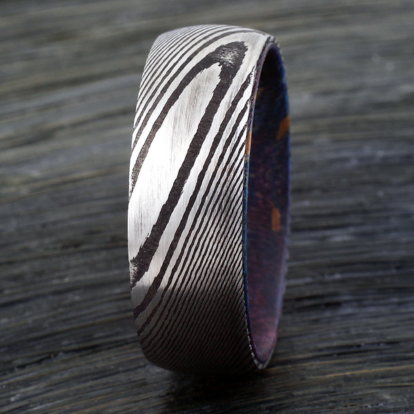 8mm Black Damascus steel ring - Box Elder Wood Inlay | Discount Damascus Steel wedding bands & Rings | Front photo