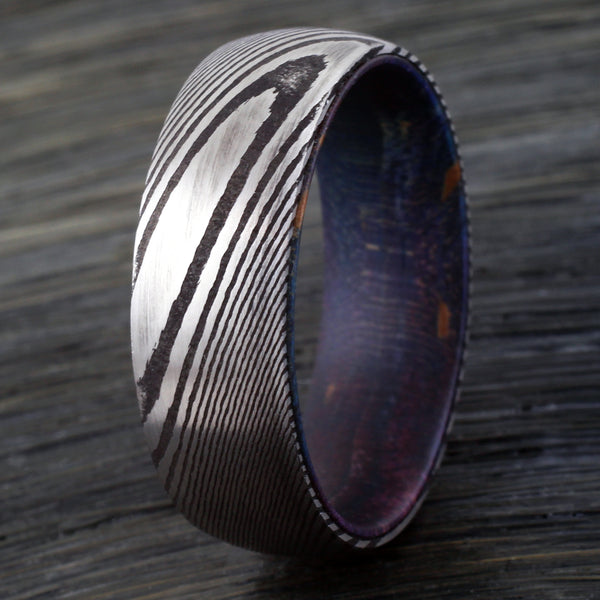 8mm Black Damascus steel ring - Box Elder Wood Inlay | Discount Damascus Steel wedding bands & Rings | Quarter photo