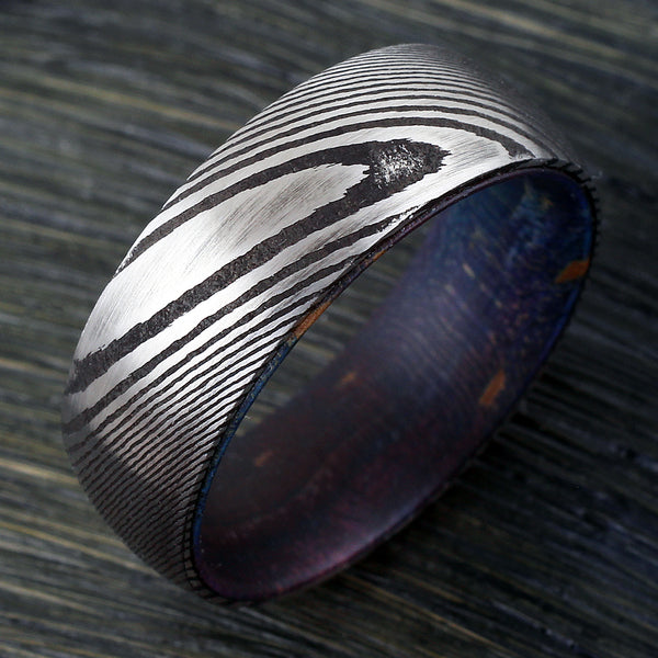8mm Black Damascus steel ring - Box Elder Wood Inlay | Discount Damascus Steel wedding bands & Rings | Tilted photo