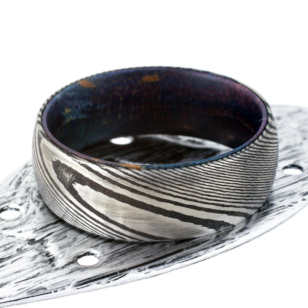 8mm Black Damascus steel ring - Box Elder Wood Inlay | Discount Damascus Steel wedding bands & Rings | Leaf photo