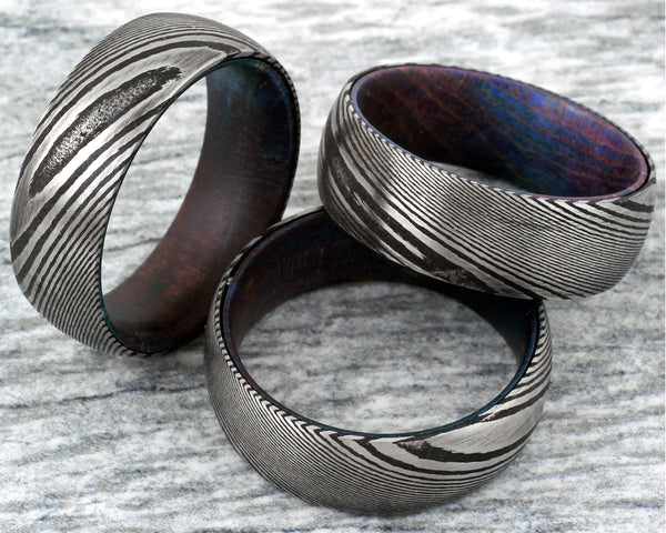 8mm Black Damascus steel ring - Box Elder Wood Inlay | Discount Damascus Steel wedding bands & Rings | Group photo