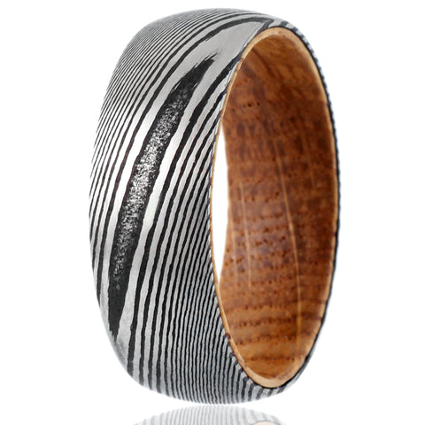 Silver Black Damascus steel ring - Whiskey Barrel Oak Wood | Discount Damascus Steel wedding bands & Rings | White photo