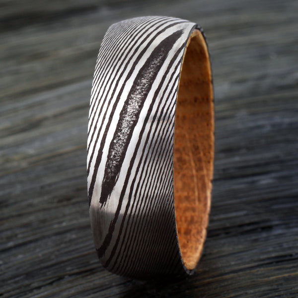 Silver Black Damascus steel ring - Whiskey Barrel Oak Wood | Discount Damascus Steel wedding bands & Rings | Front photo