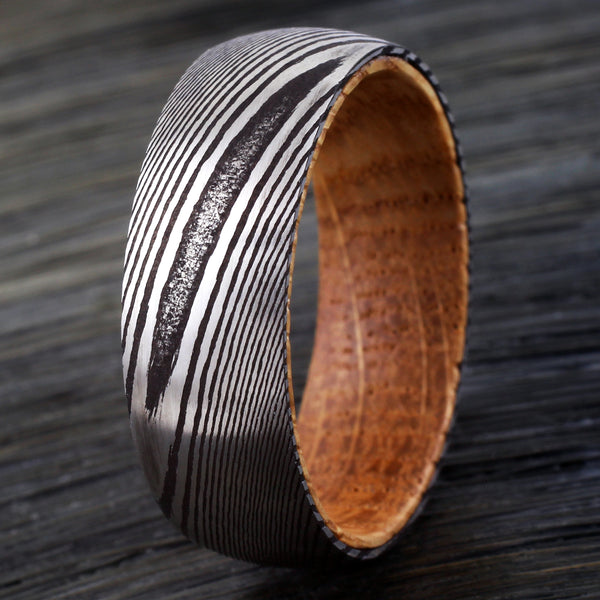 Silver Black Damascus steel ring - Whiskey Barrel Oak Wood | Discount Damascus Steel wedding bands & Rings | Quarter photo