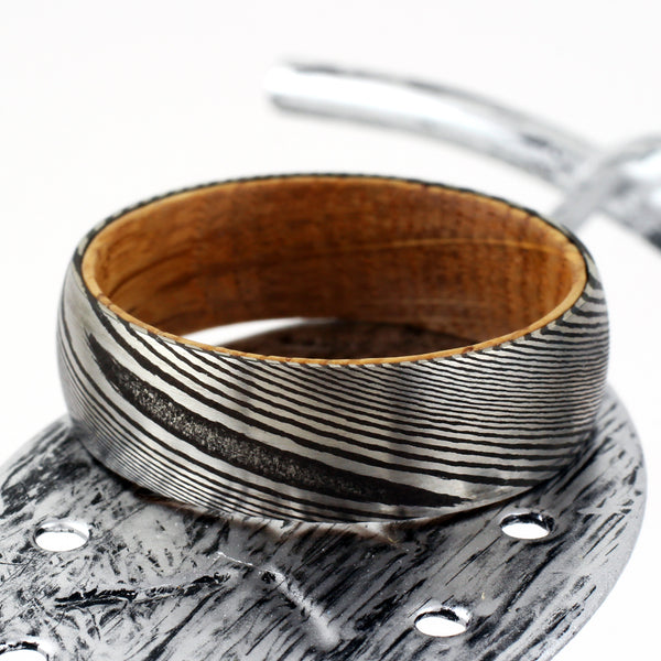 Silver Black Damascus steel ring - Whiskey Barrel Oak Wood | Discount Damascus Steel wedding bands & Rings | Leaf photo