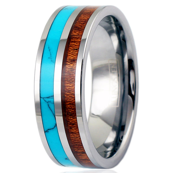 Flat silver tungsten ring w/ turquoise and Koa wood inlays | Discount tungsten rings - wedding bands | 8mm White photo