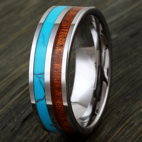 Flat silver tungsten ring w/ turquoise and Koa wood inlays | Discount tungsten rings - wedding bands | 8mm Wood photo