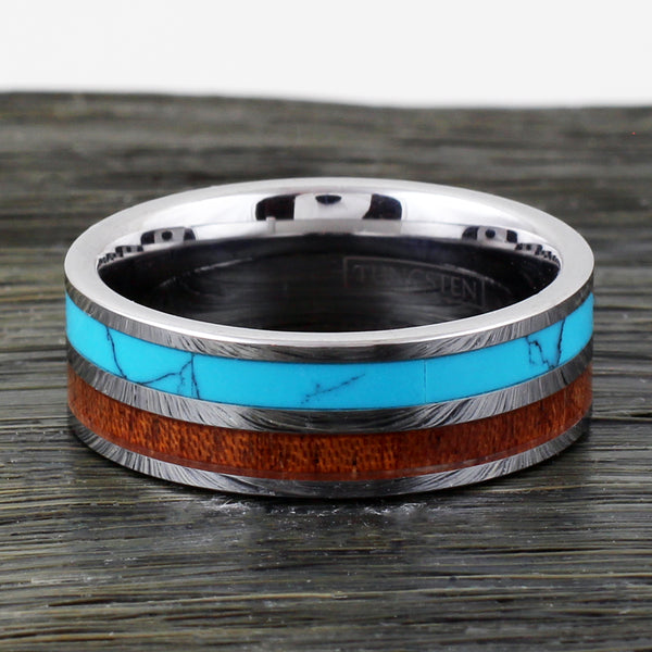 Flat silver tungsten ring w/ turquoise and Koa wood inlays | Discount tungsten rings - wedding bands | 8mm Flat photo