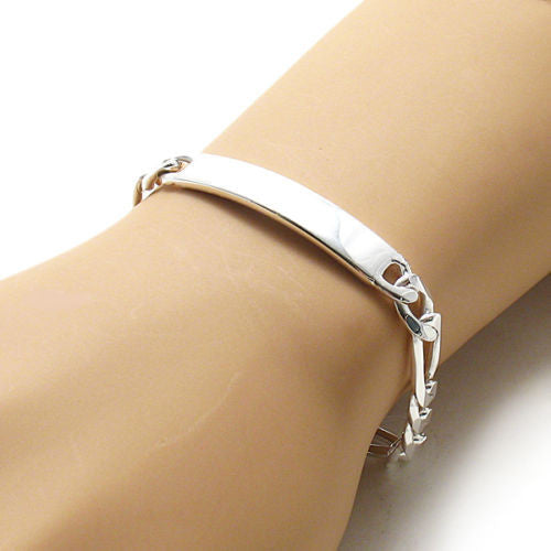 8mm (220 Gauge) Figaro chain ID bracelet w. engravable plate | Wholesale 925 Sterling Silver Jewelry | Alternate photo