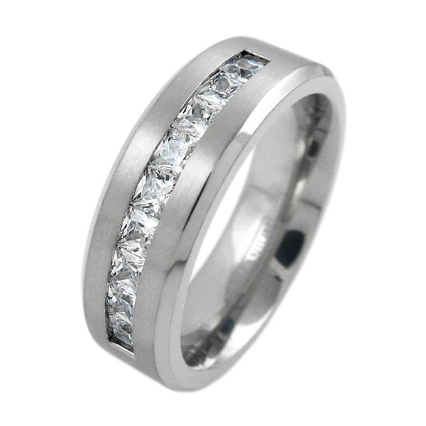 silver titanium wedding band with princess cut CZs - wholesale titanium rings - wedding bands - slanted photo