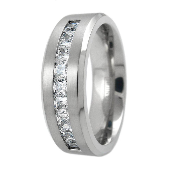 silver titanium wedding band with princess cut CZs - wholesale titanium rings - wedding bands - upright photo