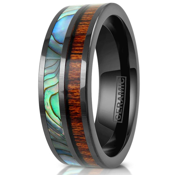 Awesome Black Flat Band Ceramic Ring w/ Brilliant Abalone & Koa Wood Inlays.