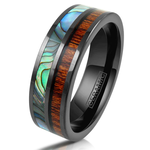 Awesome Black Flat Band Ceramic Ring w/ Brilliant Abalone & Koa Wood Inlays.
