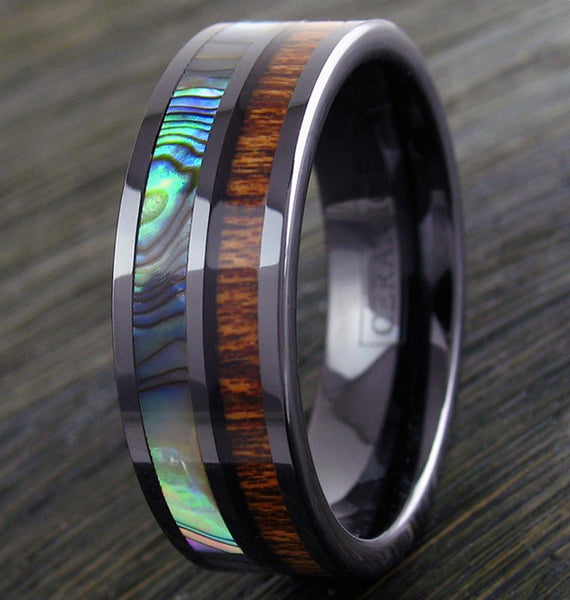 Awesome Black Flat Band Ceramic Ring w/ Brilliant Abalone & Koa Wood Inlays.