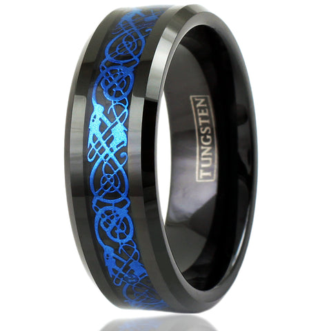 Black tungsten ring w/ Blue Celtic dragon on Black Faux Carbon Fiber | Discount Tungsten Rings - Wedding Bands | White Photo
