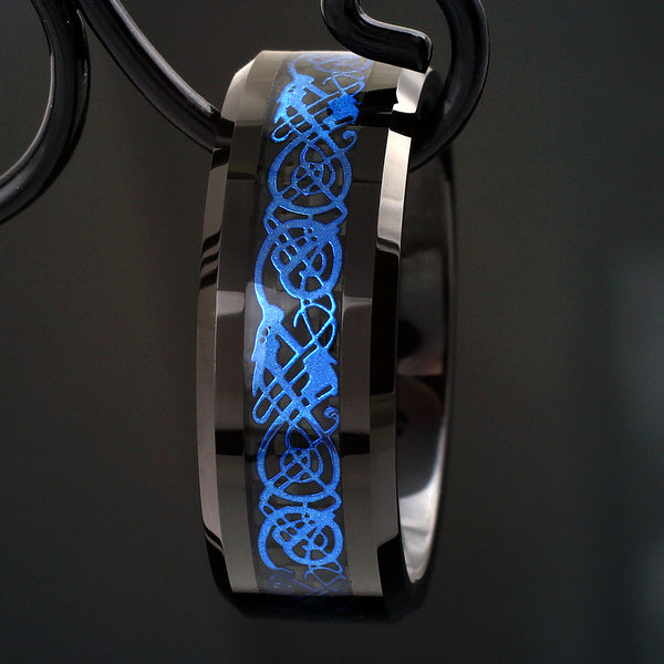 Black tungsten ring w/ Blue Celtic dragon on Black Faux Carbon Fiber | Discount Tungsten Rings - Wedding Bands | Black Front Photo