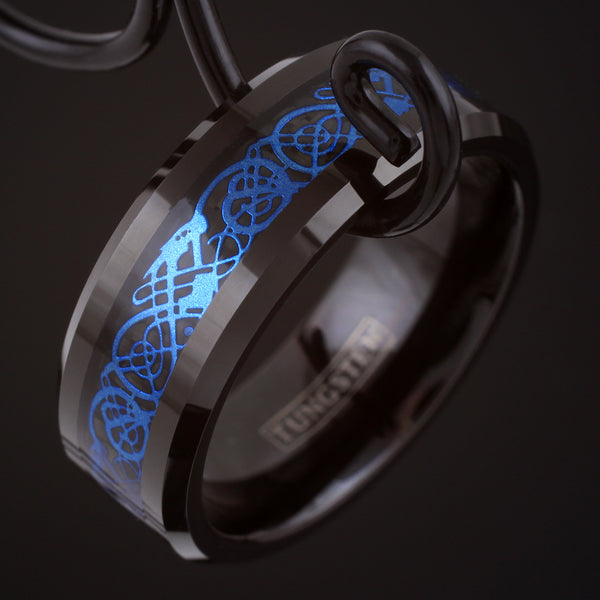 Black tungsten ring w/ Blue Celtic dragon on Black Faux Carbon Fiber | Discount Tungsten Rings - Wedding Bands | Black Tilted Photo