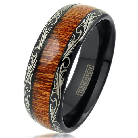 Black Tungsten Carbide Low Dome Ring w/ Sandalwood Inlay & Gold Leaf Edge Detail | White Photo.