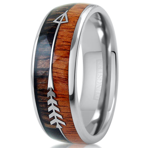 Polished silver tungsten carbide band ring w/ two tone wood & feathered arrow inlays | 8mm white photo